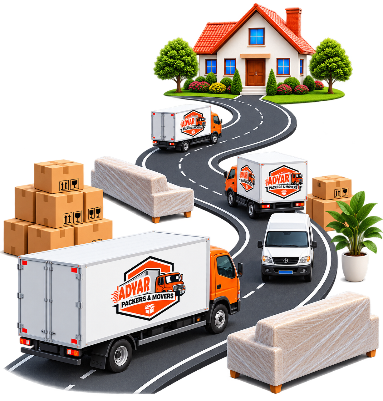 Adyar Packers and Movers trucks on the road to a new home